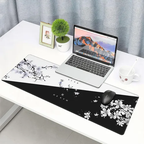 Miniatura 7 de Alfombrilla de mouse con diseño de flor de cerezo blanco y negro japonés Sakura Death Life Flower extendida de 31.5 x 11.8 in, base de goma Vida
