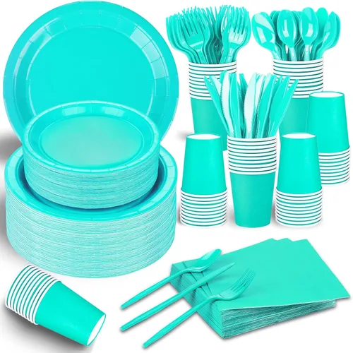 Miniatura 8 de El juego de 228 piezas de suministros de fiesta color rosa incluye platos de papel, vasos, servilletas rosas, cucharas de plástico, tenedores