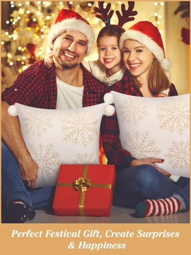 Miniatura 7 de Lewondr Fundas de almohada decorativas de Navidad, bordado de copos de nieve 16x16, fundas de almohada para el hogar, Navidad dorada, decorativas