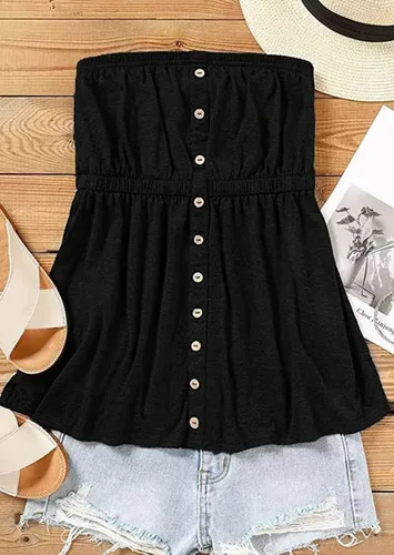 Miniatura 2 de FECAFO Botón sin tirantes Bandeau sin mangas sin mangas sin espalda tubo Tops plisado verano casual vacaciones Tanques camisa blusa
