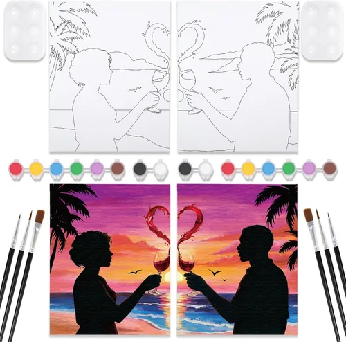 Miniatura 12 de VOCHIC Kit de pintura para sorbos y pinturas, lienzo predibujado para parejas, kit de pintura para adultos, citas, noche, atardecer, corazón