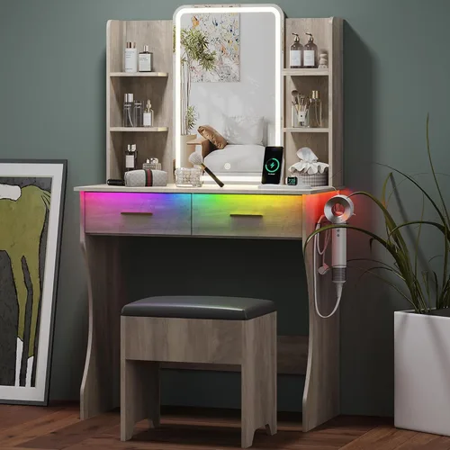 Miniatura 12 de Mesa de Tocador Pequeña con Espejo y Luces, Tocador de Maquillaje con Espejo Iluminado por LED, Tocador con Luces y Silla, Mesa de Vestir Ajustable