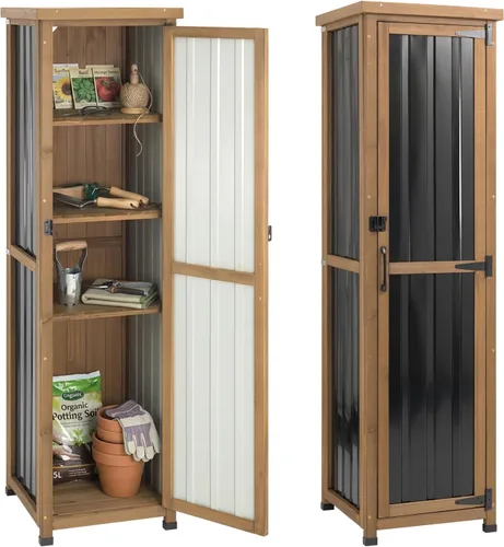 Miniatura 13 de Gabinete de Almacenamiento Pequeño para Exteriores Resistente a la Intemperie, Mesa de Banco de Jardín de Madera para Macetas con Estantes