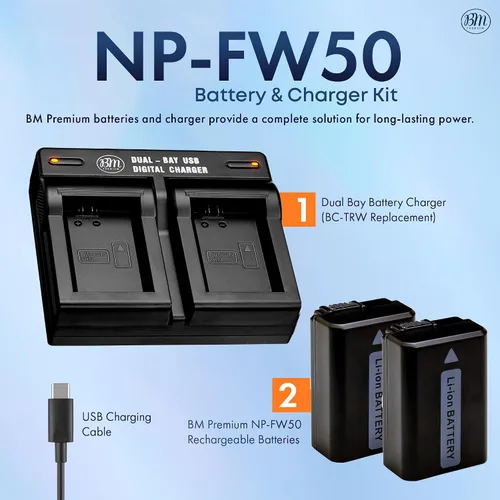 Miniatura 2 de BM Premium 2 baterías NP-FW50 y cargador de doble bahía para Sony ZV-E10, A6100, A6400, DSC-RX1R III, DSC-RX10 IV, DSC-RX10 II, RX10 III, A7 II
