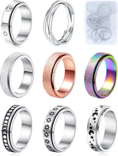 Miniatura 13 de Anillos giratorios MUCAL para ansiedad 8 piezas de anillo giratorio de acero inoxidable anillo anti ansiedad anillo giratorio con luna y estrella