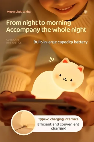 Miniatura 7 de Luz nocturna de gato para niños, lámpara de 7 colores, toque regulable, recargable portátil y esponjoso, luz nocturna LED de silicona, regalo