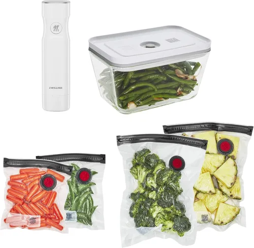 Juego de inicio de máquina selladora al vacío Zwilling Fresh & Save con contenedor de almacenamiento de alimentos hermético de vidrio, bolsas sous