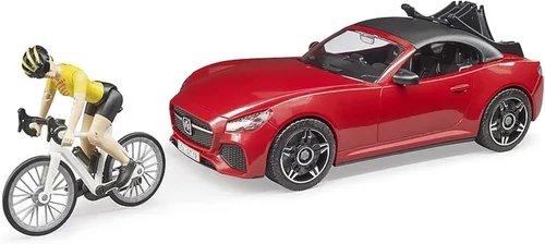 Bruder Juguetes - Coche recreativo realista Roadster con soporte para bicicletas y bicicleta de carretera con figura de ciclista femenina, el techo