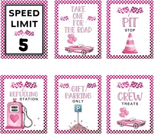 Miniatura 8 de Letreros de fiesta de primer cumpleaños de coche de carreras rosa, límite de velocidad, decoraciones de cumpleaños para niña, decoración rápida