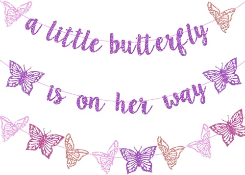 Miniatura 12 de Decoración de fiesta de baby shower con diseño de mariposa con purpurina rosa "A Little Butterfly Is On Her Way" para fiesta temática de mariposa