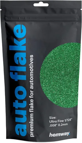 Miniatura 24 de Hemway Purpurina metálica para automóviles MICROFINE 1/256" .004" 0.1mm 100 micras, aditivo de pintura en escamas metálicas 100 g para uso con Verde