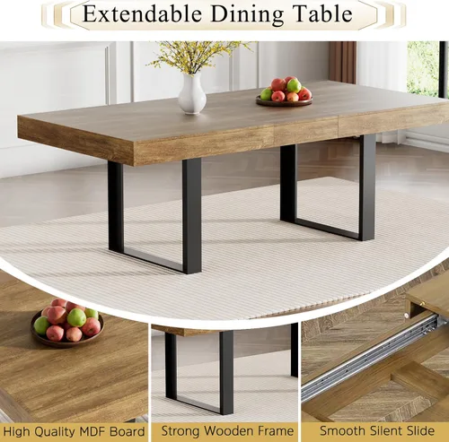 Miniatura 4 de Juego de mesa de comedor extensible de 5 piezas para 4, mesa de cocina de madera marrón de 63-78.7 pulgadas con 4 sillas acolchadas beige, juego