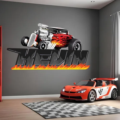 Miniatura 4 de Decoración de habitación de coches, calcomanía de pared con nombre de bandera de carreras, arte de pared personalizado para niños, bebés y niños
