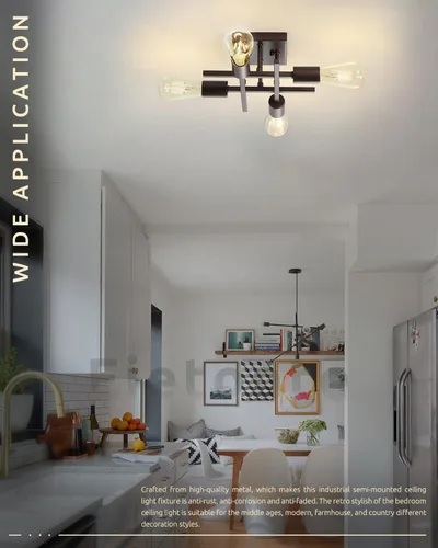 Miniatura 6 de Lámpara industrial de techo semiempotrada de 4 luces, lámpara de araña negra de granja, moderna lámpara de techo Sputnik con base E26 para cocina