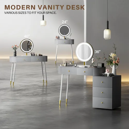 Miniatura 8 de WinZo Mesa de tocador de 24" con espejo y luces, pequeña mesa de tocador de maquillaje con 1 cajón de almacenamiento, elegante mesa de tocador
