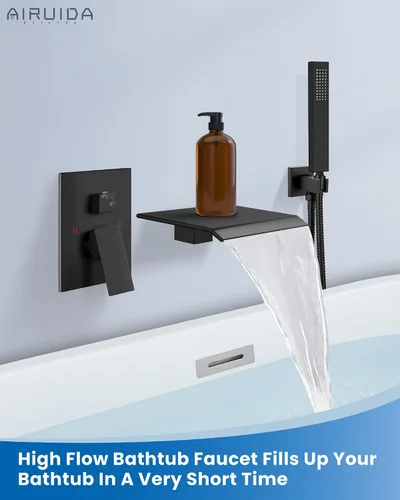 Miniatura 2 de Airuida Grifo de bañera de montaje en pared con caño de cascada para bañera, grifo de bañera montado en la pared con ducha de mano de una sola Negro