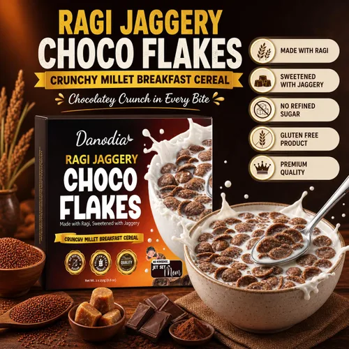 Miniatura 9 de Danodia Foods Ragi Jaggery Choco Flakes 250g/8.8 oz, Cereal de desayuno de mijo dedo con sabor a chocolate Jaggery inspirado en la India, cereal