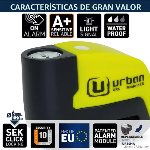 Miniatura 7 de Candado con alarma para el disco de freno Urban UR6 para motocicleta y bicicleta de 0.23 in y 120 dB, universal, resistente al agua con cable