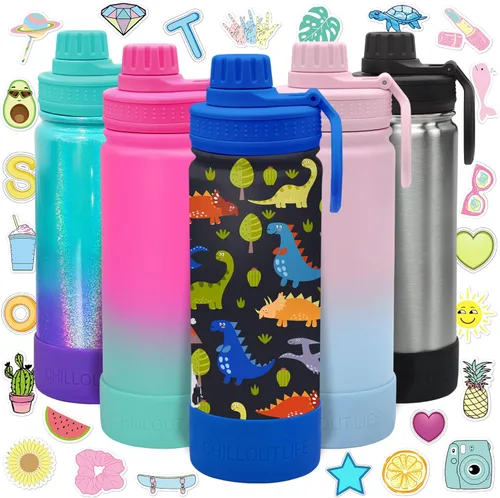 Miniatura 22 de CHILLOUT LIFE Botella de agua aislada para niños de 12 onzas para la escuela con tapa de boquilla a prueba de fugas y bonitas calcomanías Azul