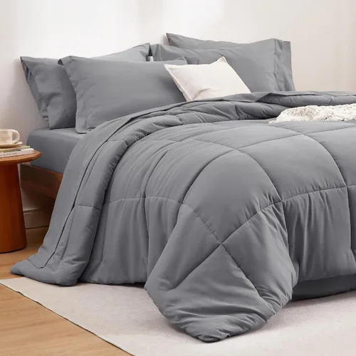 Bedsure Juego de edredón gris individual – 5 piezas de cama sólido en una bolsa, juego de cama individual con edredón, sábanas, funda de almohada y