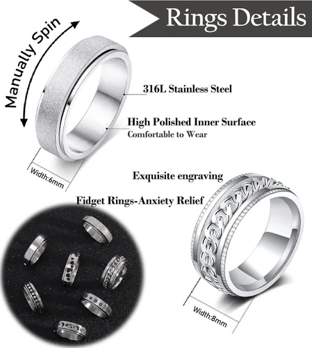 Miniatura 2 de KOHOTA Anillos giratorios de acero inoxidable para mujeres y hombres, anillos giratorios para la ansiedad, anillos giratorios para aliviar