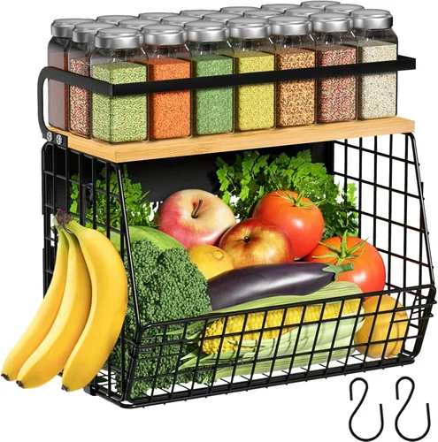 Miniatura 12 de Juego de 2 estantes magnéticos para refrigerador con tapa de madera, contenedores de almacenamiento de papas y cebollas, organizadores y Negro