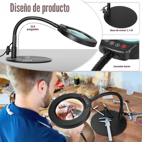 Miniatura 4 de Lupa de 10X con luz y soporte, lámpara de escritorio LED con 5 modos de color y atenuación sin escalones, lupa manos libres con cuello de ganso