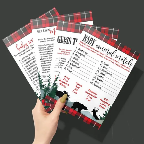 Miniatura 7 de Lumberjack Baby Shower Juego Bundle (25 invitados) Incluye Who Knows Mommy Best, Word Scramble, Animal Matching, Candy Guessing – Oso rústico, alces