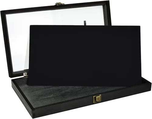 Miniatura 3 de MOOCA Vitrina de madera para joyas, vitrina de bolsillo con tapa superior de vidrio templado y almohadilla de joyería de terciopelo MDF de lujo