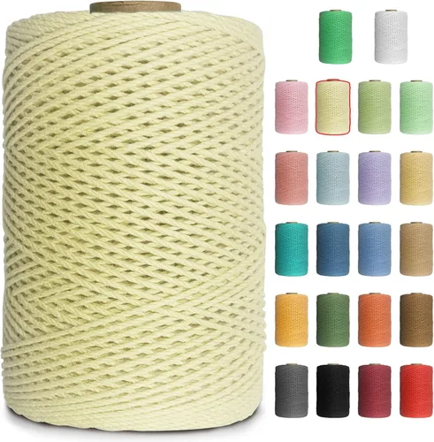 Miniatura 14 de Cuerda de macramé de colores de 0.039 in, cuerda de algodón de 656 pies, 3 hebras trenzadas, cuerda de algodón colorido para manualidades, Amarillo