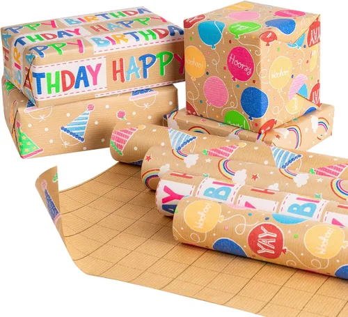 Miniatura 10 de RUSPEPA Rollos de papel kraft para envolver regalos - Diseño de arcoíris de cumpleaños colorido, total de 4 rollos (30 pulgadas x 10 pies, 4 rollos)