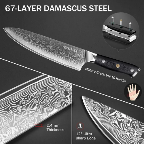 Miniatura 2 de MOSFiATA Juego de cuchillos de chef profesional de Damasco, 3 piezas, cuchillo de chef de 8 pulgadas, cuchillo Santoku de 7 pulgadas y cuchillo