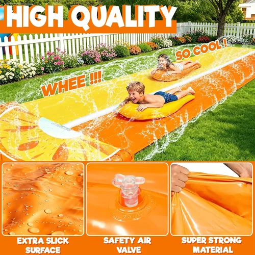 Miniatura 3 de iGeeKid Toboganes de agua de piña con 2 tablas de bodyboards para niños y adultos, juguetes de agua resistentes, aspersores, 2 carriles de carreras