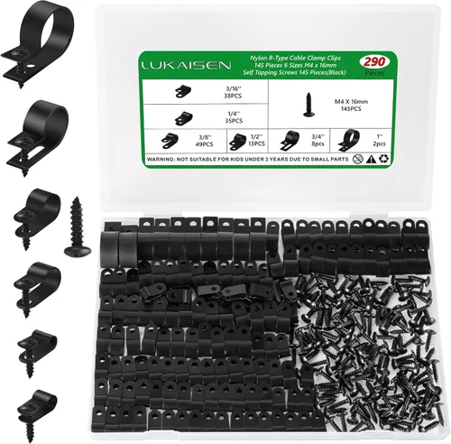 Clips de cable para organizador de cables, 6 tamaños, 290 piezas, nailon tipo R, 3/16 pulgadas, 1/4 pulgadas, 3/8 pulgadas, 1/2 pulgadas, 3/4
