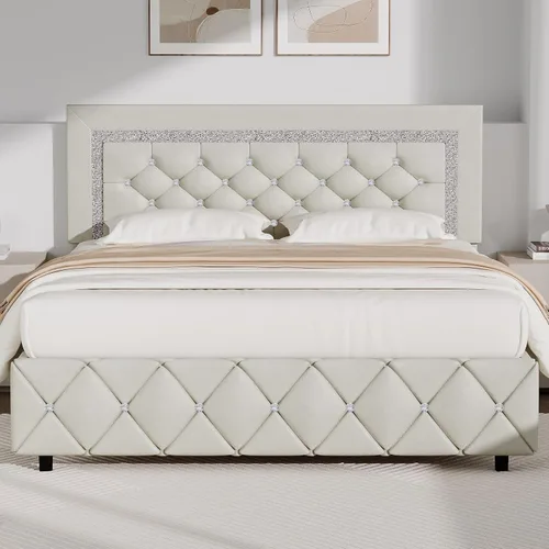 Miniatura 25 de BarnFurin Base de cama y cabecero tamaño King, cama tapizada de piel sintética con diseño capitoné de diamante, base de cama de plataforma moderna