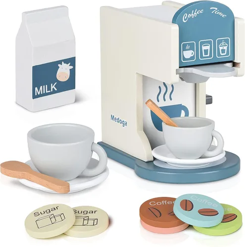 Accesorios de cocina de juguete para niños, juego de cocina de madera con cafetera de juguete y máquina de espresso, juego de cocina para niños