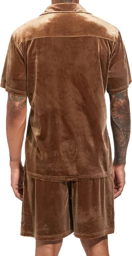 Miniatura 74 de LecGee Conjunto de pantalones cortos casuales de verano para hombre, camisa de terciopelo de manga corta con botones, pantalones cortos de cintura
