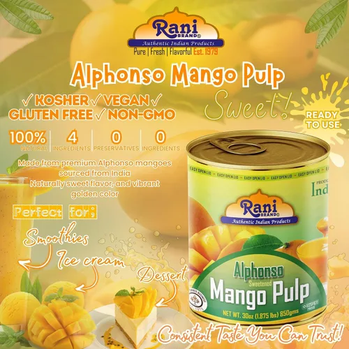Miniatura 7 de Puré de pulpa de mango Rani (hace batidos de mango Lassi) Alphonso endulzado 30 onzas (1.875 libras) 29.98 oz ~ Kosher Todo natural Sin OMG