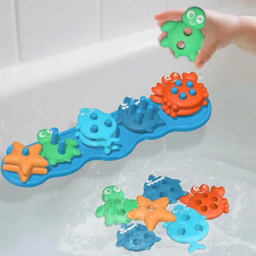Juguetes de baño con succión para bebé, juguete de baño de silicona sin moho, clasificador y apilable, juguetes sensoriales y el mejor regalo para