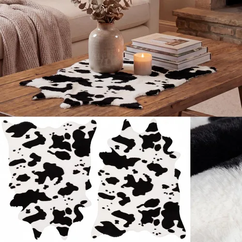 2 Pack Faux Soft Plush Mini Black and White Cow Print Rug, 20x16'' Cowhide Print Mat for Table Centerpiece,Cowboy Baby Shower Birthday Theme Party
