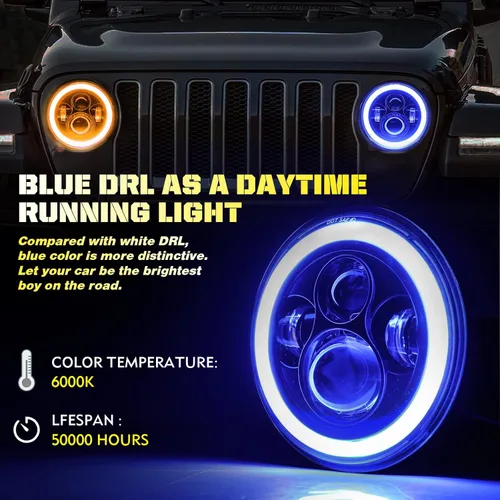 Miniatura 2 de CO LIGHT - Faros delanteros LED redondos de 7 pulgadas con halo, con haz alto/bajo, halo ámbar/azul, faro LED para todo terreno, ojos angulares