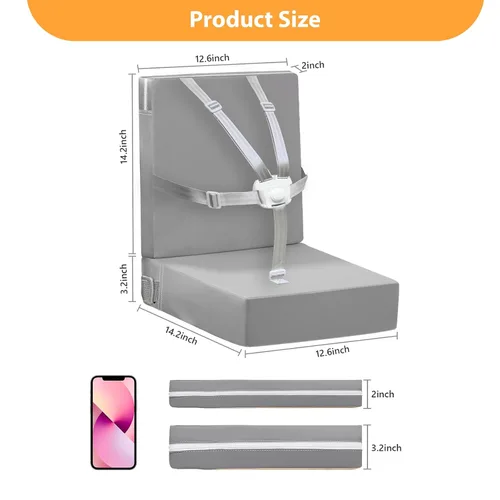 Miniatura 5 de Asiento elevador para mesa de comedor para niños pequeños, hebilla de 5 puntos, asiento elevador para mesa con respaldo, PU impermeable, fácil Gris