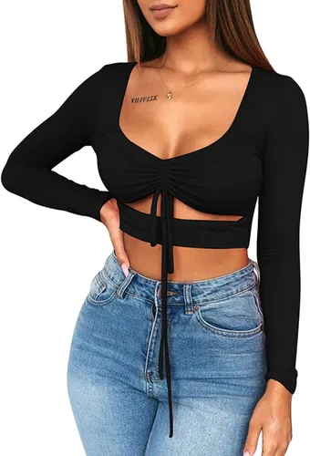 Miniatura 2 de MIZOCI - Camiseta básica de manga larga con cordones, para mujer.