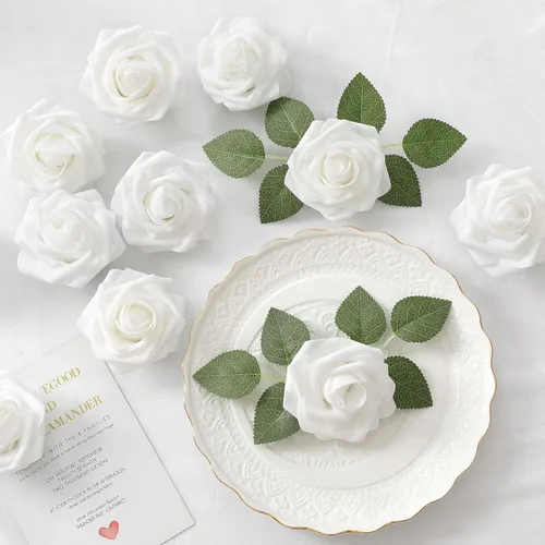 Miniatura 5 de DerBlue 60 rosas artificiales con tallo y 10 hojas verdes, rosas falsas de aspecto real, rosas artificiales de espuma para decoración de bodas