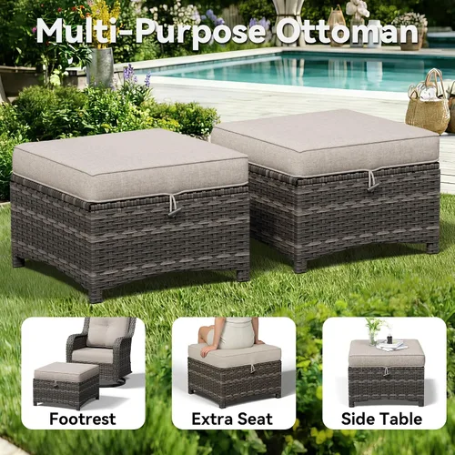 Miniatura 5 de Juego de 2 otomanas para patio, 22 x 22 x 18 pulgadas, reposapiés de mimbre para exteriores con cojín, beige, para jardín, patio trasero, cubierta