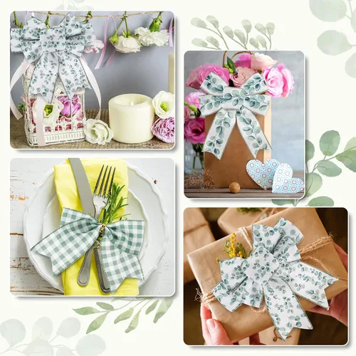 Miniatura 7 de AnyDesign 4 rollos de cinta de eucalipto con borde con alambre de 24 yardas, cinta decorativa de hojas verdes, cintas de tela para primavera