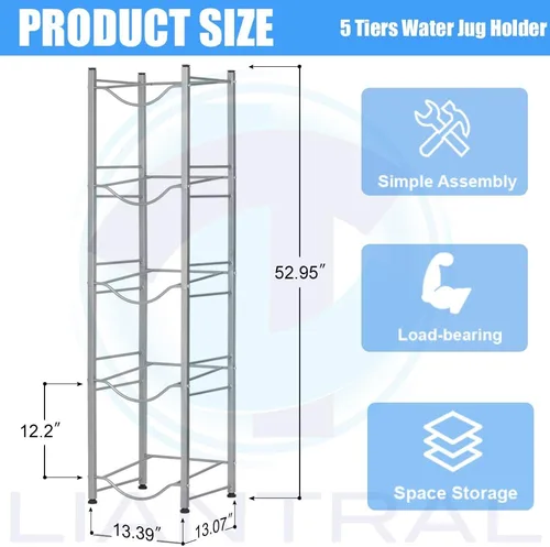 Miniatura 2 de LIANTRAL Soporte para Jarra de Agua de 5 Galones, Estante de Almacenamiento de Botellas de Agua de 5 Galones, 5 Niveles, Plata plateado