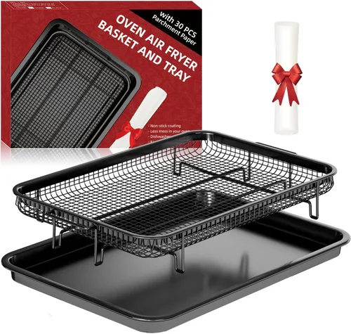 Miniatura 13 de Cesta de Freidora de Aire para Horno, Juego de 2 Bandejas de Freidora de Aire y Bandeja Crujiente con 60 Piezas de Papel Pergamino, Cesta y Bandeja