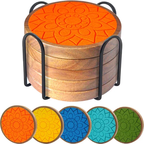 Miniatura 8 de Posavasos de madera para bebidas, juego de 5 posavasos absorbentes, posavasos para bebidas para protección de mesa de café, antideslizantes