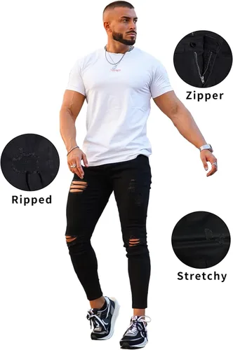 Miniatura 4 de Gingtto jeans entallados elásticos para hombre, de corte ajustado, rasgados, gastados
